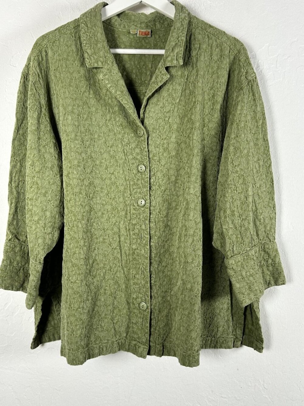 Tianello Womens Olive Green Leaf Pattern Textured Tencel Button Down Top Size 2X